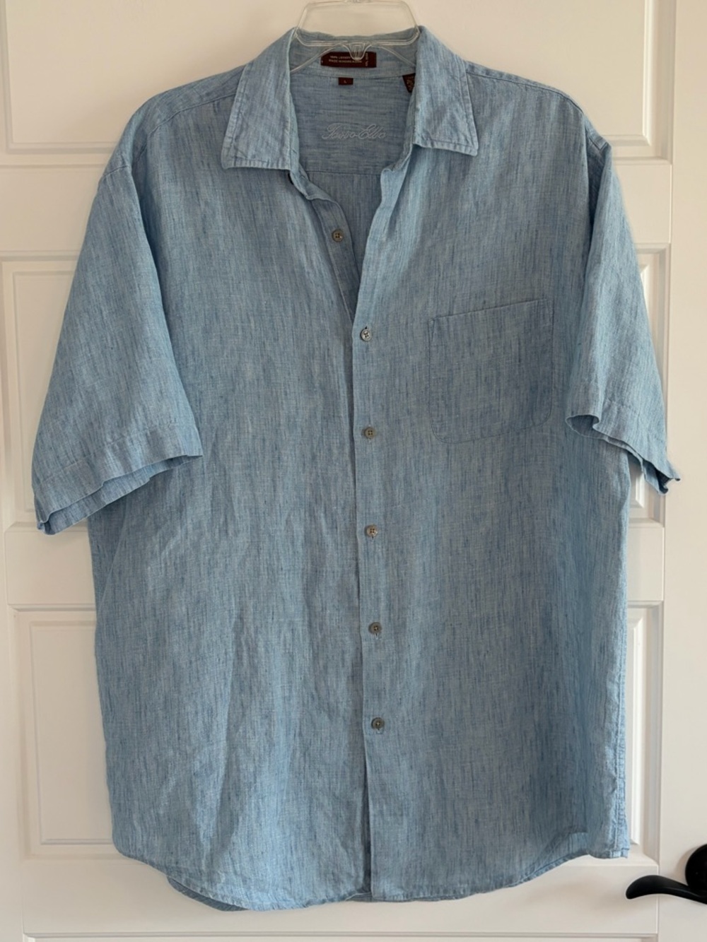Vintage Tasso Ella Men’s 100% Linen Blue Short Sleeve Button Up Shirt Size Large